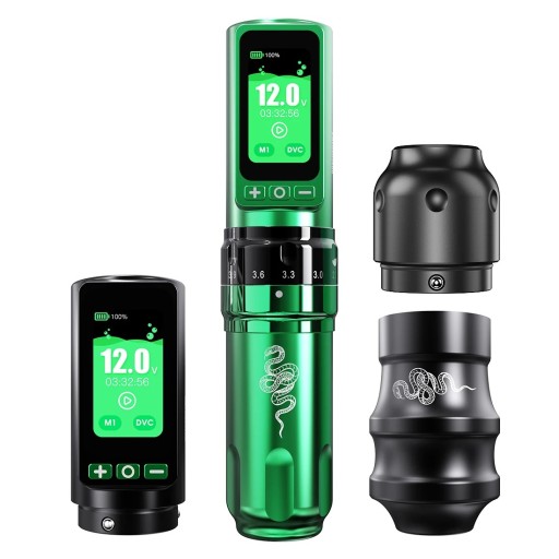 Trådløst tatoveringspen Dragonhawk Fold Pro grøn-sort med to batterier motor MCORE-C3 justerbar slaglængde 2,4-4,2 mm 3000 mAh