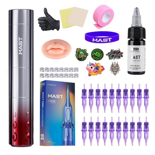 Trådløst tatoveringspen Mast Dawn2 med overgang fra sølv til rød, slag 3,0 mm, 1400 mAh til permanent makeup og body art