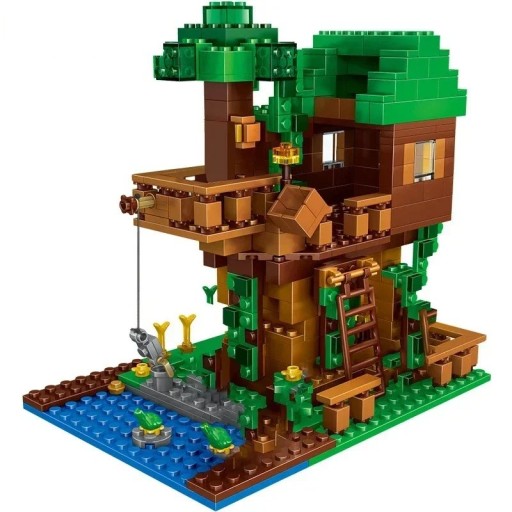 Træhusbyggesæt 9 x 6,5 x 11 cm Inspireret af Minecraft Kreativt legetøj til børn Byggesæt med figurer 4 karakterer