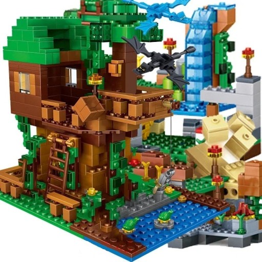 Træhusbyggesæt med vandfald og drager i Minecraft-stil Kreativt byggesæt til børn med 10 figurer Eventyrverden at bygge