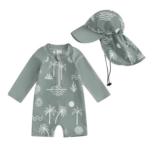Traje de baño infantil para niño en gris verdoso, de una pieza, con mangas largas y estampado de palmeras, con cremallera y gorra con visera y cordón bajo la barbilla