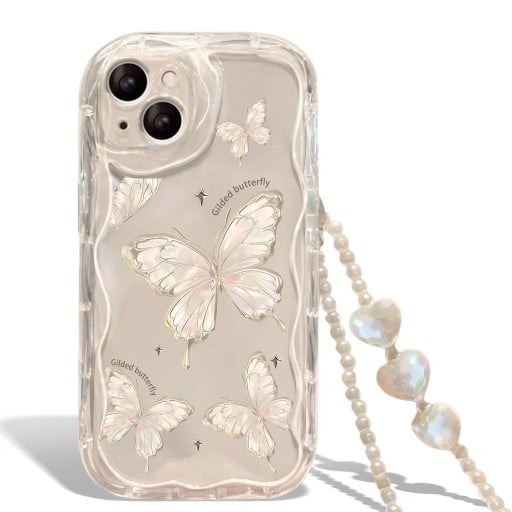 Transparante hoes voor Samsung Galaxy A26 5G met vlinderontwerp en parelketting Verhoogde rand bij de camera Duurzame tas