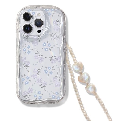 Transparante hoes voor Samsung Galaxy A36 5G met een blauw bloemenpatroon en rozen Parelsleutel voor om de pols Golvende rand Bescherming van de camera