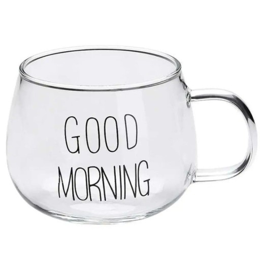 Transparent glaskrus med påskriften Godmorgen 350 ml Krus med hank 7 x 8,5 cm Glaskrus til kaffe, te, kakao og morgenmadssmoothies