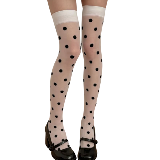 Transparent Knee-Highs with Polka Dot Pattern Thin Universal Size Elastane Nylon White Thigh-High Stockings for Japanese Style