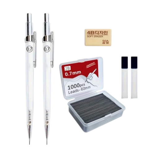 Transparent mekanisk penna 0,7 mm med 2B-stift, automatisk penna 14,3 cm, utbytbara refills, 2 rör, 1000 st. stiften, teckning, skrivning, kontor