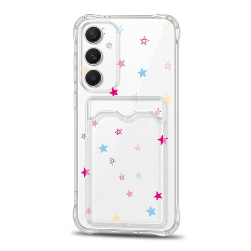 Transparent skal med kortfack för Samsung Galaxy A16 Stjärnor blå, rosa och gula Slitstark Förstärkta hörn Linsernas kanter Transparent