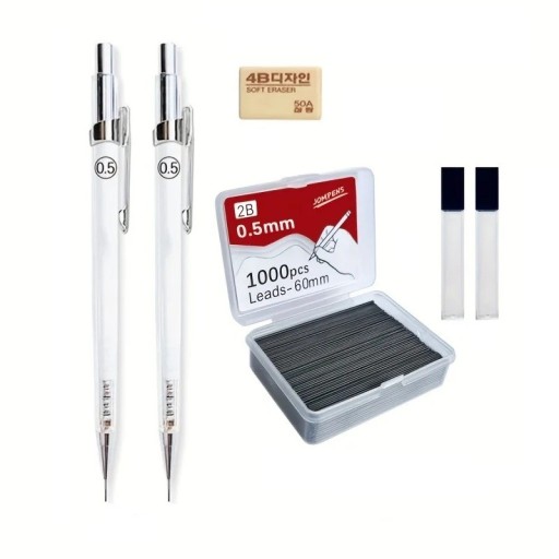 Transparent stiftpenna 0,5 mm med 2B-stift Automatisk penna 14,3 cm Utbytbara refills 2 tuber 1000 st stifter Rita och skriva
