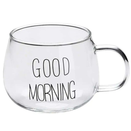 Transparenter Glasbecher mit der Aufschrift Guten Morgen 350 ml Becher mit Henkel 7 x 8,5 cm Glasbecher für Kaffee, Tee, Kakao