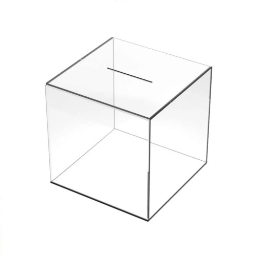 Transparentní pokladnička krychlového tvaru 12x12 cm plastový design průhledná krabička na mince bankovky a spoření