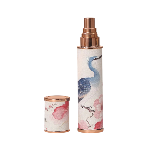 Travel Refillable Perfume Atomiser with Blue Bird Design 10 ml 10.4×2.3 cm Plastic White with Blue, Pink and Gold Elements