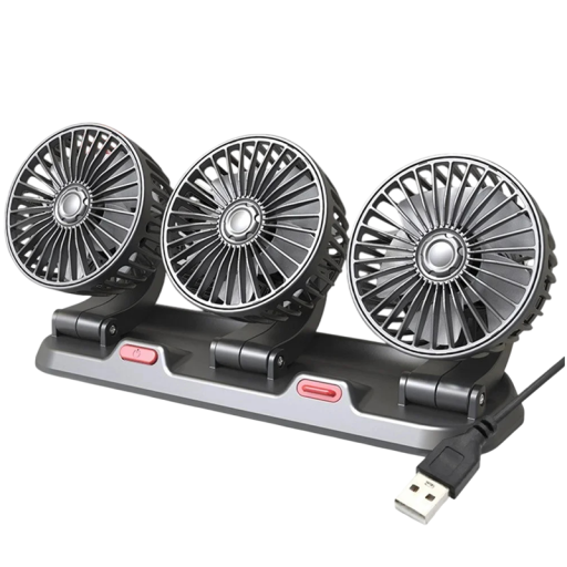 Tredobbelt bilventilator med USB-strømforsyning 5 V og justerbare hoveder sølv-grå med to knapper på basen til kabinen i personbilen