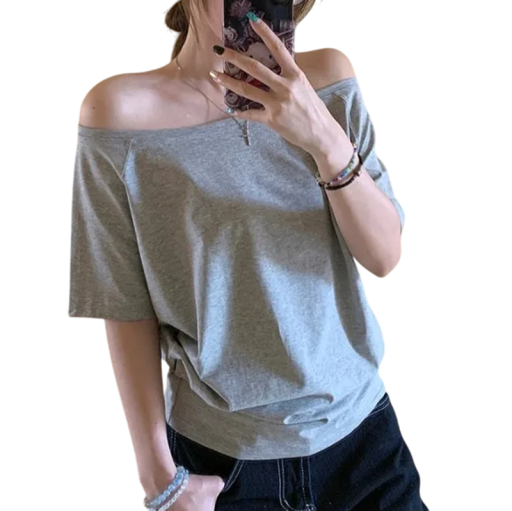 Tričko s odhalenými rameny Volný střih Ležérní dámský top Elegantní pohodlný styl Módní tričko do práce i na volný čas