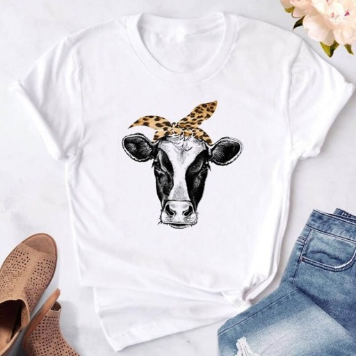 Tricou alb de femei cu imprimeu de vacă