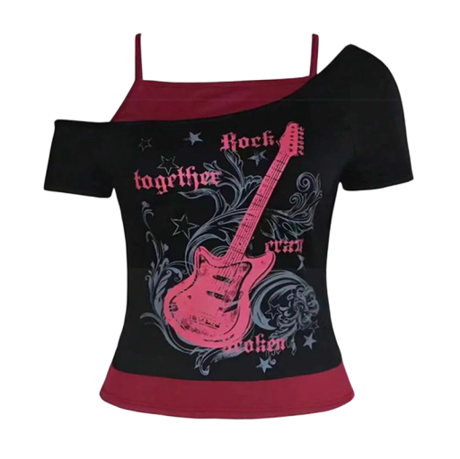 Tricou cu imprimeu de chitară rock Design din două piese cu bretele Croi asimetric Stil original pentru concerte Modă de festival