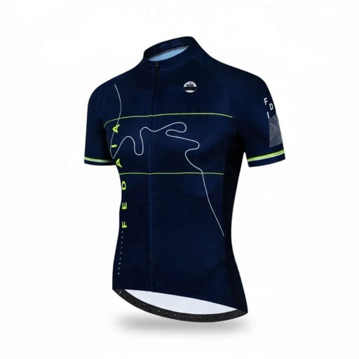 Tricou de ciclism pentru bărbați cu mânecă scurtă, fermoar pe toată lungimea, 90 % poliester și 10 % Lycra, albastru închis cu detalii galbene