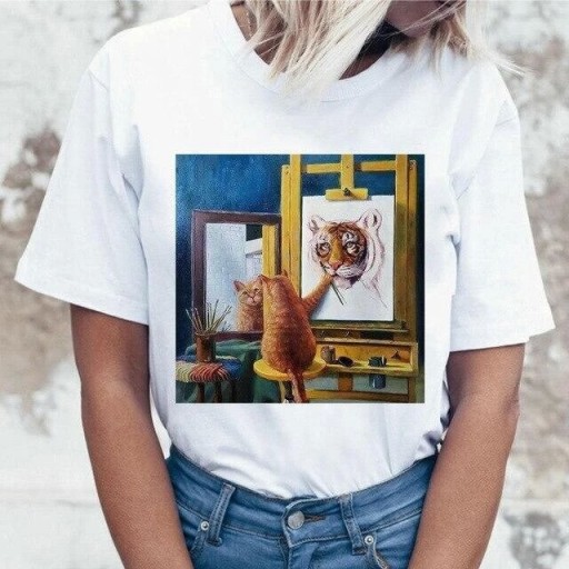 Tricou de damă cu imprimeu amuzant de pisică