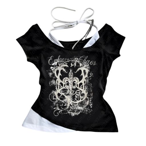 Tricou Embrace Chaos cu imprimeu gotic Croială din două piese cu șireturi Decolteu cu bretele Top original pentru festivaluri și streetwear