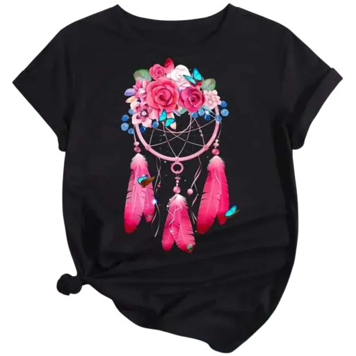 Tricou negru de damă cu captator de vise roz Flori și pene Mâneci scurte Decolteu rotund Croială lejeră Stil boho romantic cu fluturi
