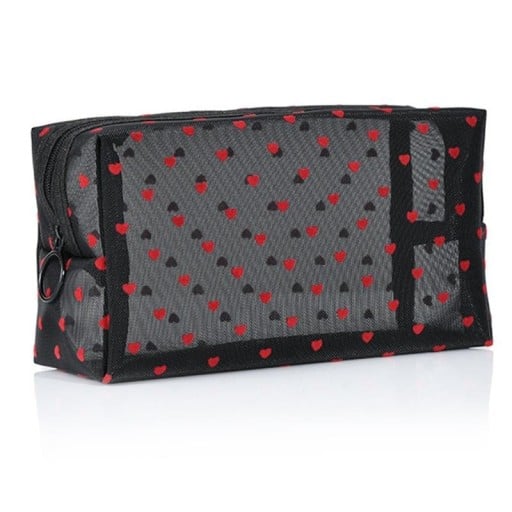 Trousse à maquillage pour femmes avec motif de cœurs En nylon transparent en filet Forme cubique Fermeture éclair avec anneau Trousse à cosmétiques