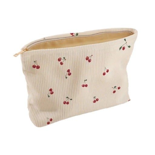 Trousse de maquillage avec imprimé cerise 26 x 18 cm Trousse de toilette en velours côtelé à fermeture éclair Trousse de voyage multifonctionnelle