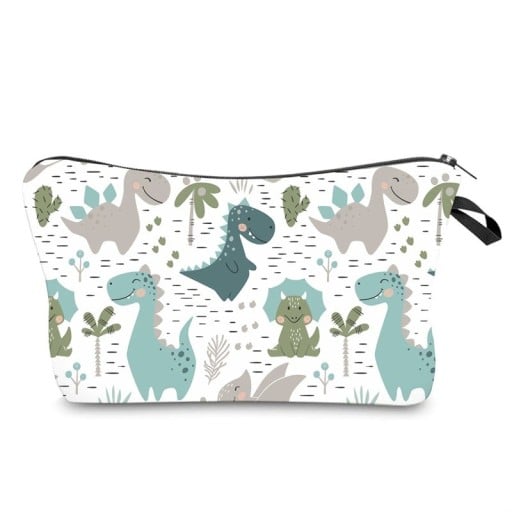 Trousse de maquillage pour femmes avec impression de dinosaures mignons Fermeture à zip avec une anse Intérieur noir Polyester 13,5 x 22 cm