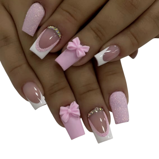 Třpytivý francouzský glamour 24 ks Čtvercové akrylové nehty Kompletní tipy 12 velikostí Kamínky a 3D mašle pro salon i domov