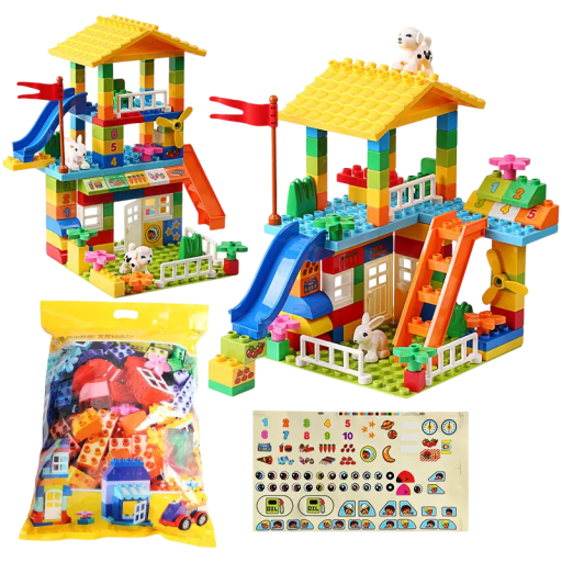 Trusa de constructie pentru copii mici 153 buc Piese mari Castel cu tobogan 2 modele Autocolante Cuburi colorate Dezvoltare motorie Joaca creativa