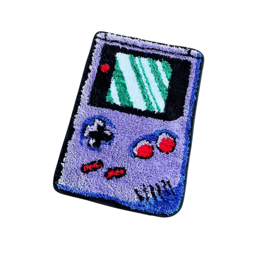 Tuftad matta med motiv av retro spelkonsol, 40 x 60 cm, polyester, lila design med halkskydd för spelrum