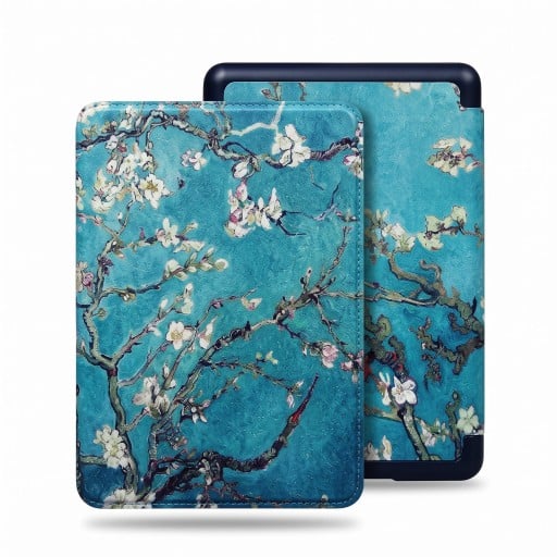 Turquoise flipcover 6 inch voor Kindle 10e generatie 2019 met een motief van bloeiende takken en met een handriem en een folie voor het scherm