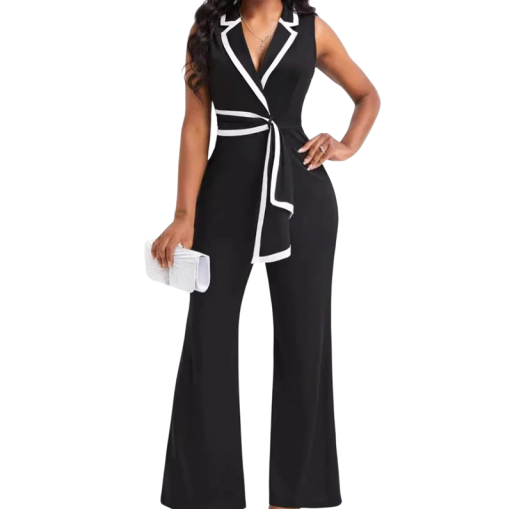 Tuta da Donna Modello Monocromatico Pantaloni Larghi Spalline Larghe Colletto Legatura in Vita Scollo a V Poliestere Spandex