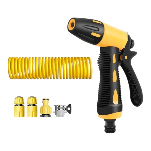 Tuyau spiralé d'eau 20 m avec pistolet haute pression Raccords rapides et adaptateur de robinet Jaune Kit de lavage de voiture et d'arrosage de jardin