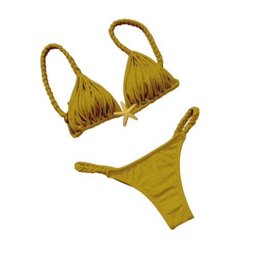 Tvådelad bikini för kvinnor med flätade remmar och stjärnmönster Triangeltopp med fransar och stringtrosor Idealisk baddräkt för sommaren