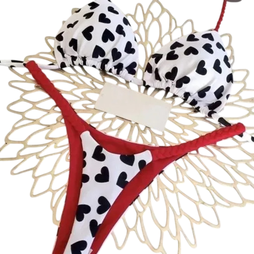 Tvådelad bikini för kvinnor med hjärtan Triangel BH Stringtrosor Stickade snören Romantiska sommarbadkläder för strand och simning