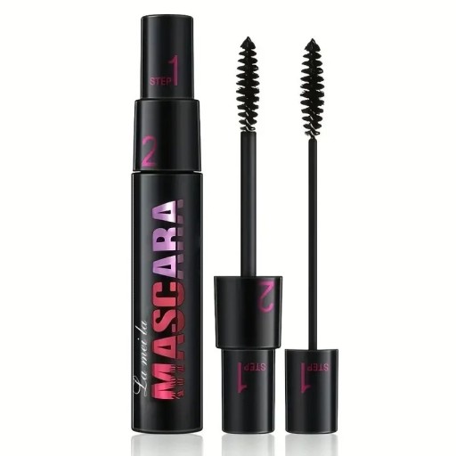 Twee-fasen mascara met twee borsteltjes Opvouwbaar 1 stuk Verlengt en volumeert de wimpers Zacht en dicht borsteltje Eenvoudig aan te brengen Opvallend effect