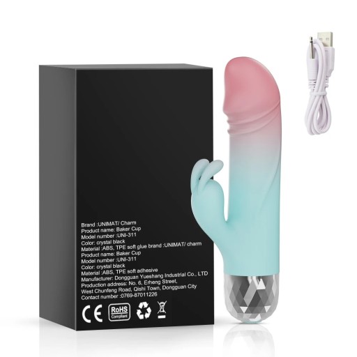 Tweekleurige siliconen vibrator 14,5 cm met konijnenkop, 10 vibratiestanden, waterdicht, discrete verpakking