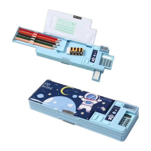 Two-Tier Light Blue Pencil Case with Astronaut and Calculator Plastic Pencil Box with Sharpener School Organiser 26x9.5x3.5 cm