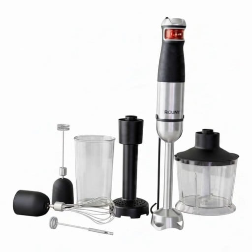 Tyčový mixér ROJNY 6 v 1 1500 W Sekáček 500 ml Odměrka 600 ml Metla šťouchadlo i pěnič mléka Nerezové nože Stříbrno-černý Na polévky a pyré