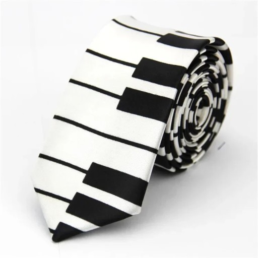 Tyndt unisex slips med klavermotiv 145 x 5 cm Stilfuldt musikslips Moderne smalt slips Elegant tilbehør til musikere, koncerter og formelle begivenheder