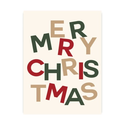Typografický vánoční plakát na zeď Merry Christmas barevný nápis 30 × 45 cm tisk na plátno béžové pozadí dekorace bez rámu