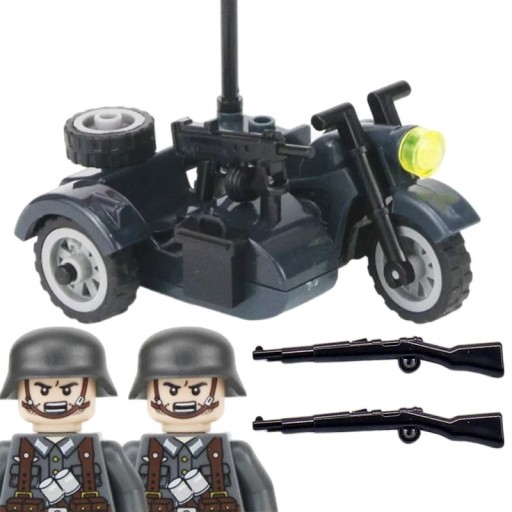 Tysk militærmotorcykelbyggesæt 7 x 5,5 x 7,5 cm med sidevogn Militærbyggesæt til børn 2 soldater med rifler Anden Verdenskrig