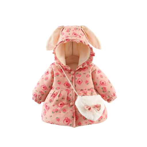 Tyttöjen talvitakki napilla, hupulla ja pupunkorvilla sekä rypytyksellä Lämmin polyesteritakki pehmeällä
