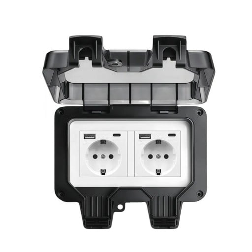 Udendørs dobbeltstik med USB og USB-C, vandtæt IP66, 16 A / 220 V, plast med dæksel til montering, sort, til have, terrasse og garage