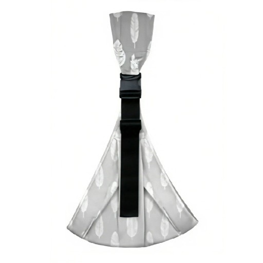 Újszülöttek számára készült textil hordozó tollmotívummal, 13-26 cm közötti belépőnyílással, 50 cm széles zsebbel és 130-180 cm hosszú pánttal