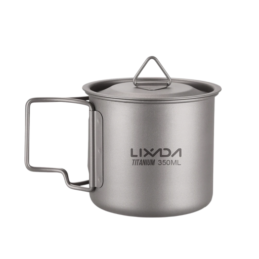Ultraleggero bicchiere in titanio con coperchio 350ml Manico pieghevole 8,5x7,6 cm Bicchiere da campeggio per acqua con sacchetto di stoccaggio Utensili da esterno 84 g
