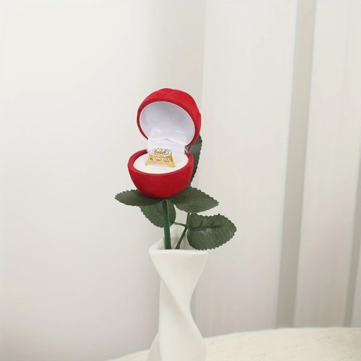 Umělá růže 2v1 krabička na prsten 25 cm sametový povrch červená romantické balení zásnubní prsten zásnubní dar