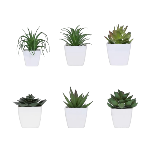 Umělé rostlinky v květináči sada 6ks 6-12 cm plast zelené dekorace do bytu kanceláře na stůl a polici bílé květináče