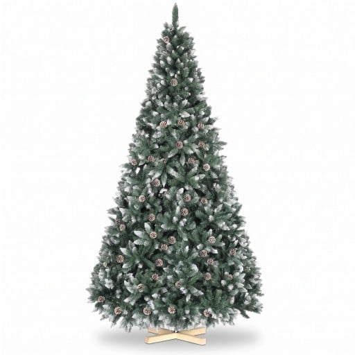 Umelý vianočný stromček Zasnežený S umelými šiškami Skládací Výška 150 cm Drevený podstavec 40 cm Zelená a biela Dekorácia do bytu