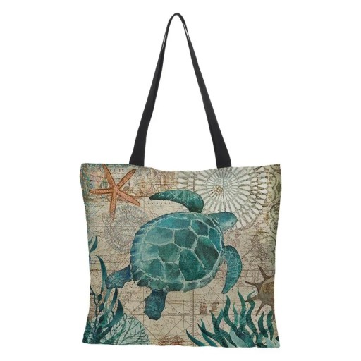 Umhängetasche 40 x 40 cm Strandtasche mit Schildkrötenmotiv Leinenoptik Polyestergewebe Einkaufstasche Ohne Zwickel