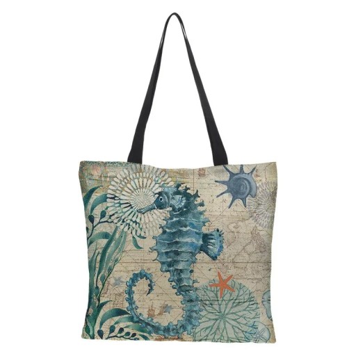 Umhängetasche 40 x 40 cm Strandtasche mit Seepferdchen-Motiv Leinenoptik Polyestergewebe Einkaufstasche Ohne Zwickel